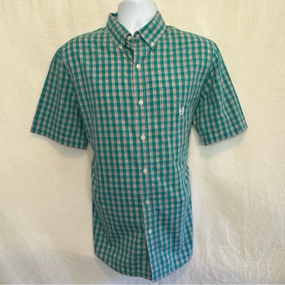 E-34 Men’s Chaps Teal Orange & White‎ Plaid Short Sleeve Button Down Shirt